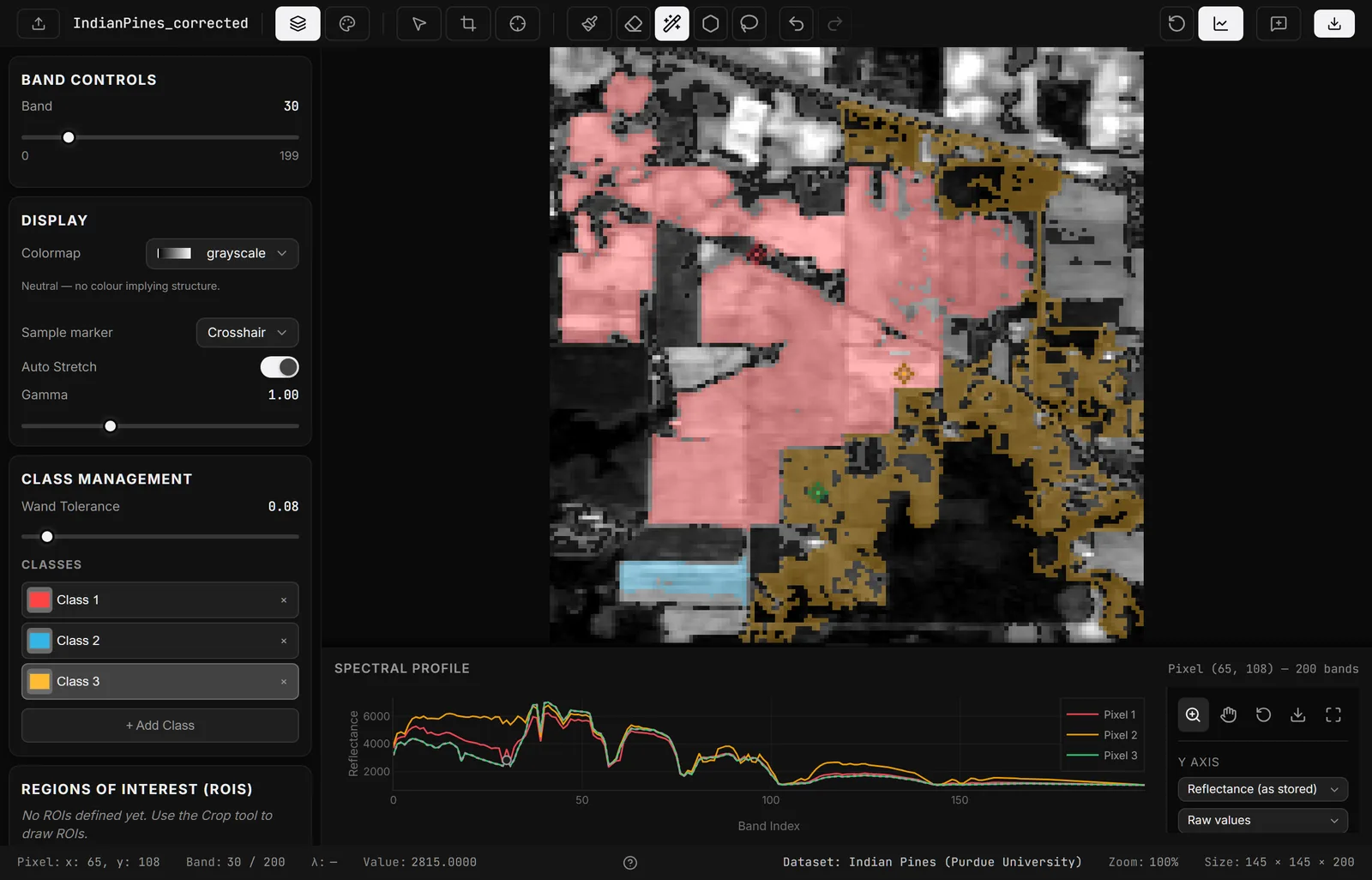 Three classes selected with the Magic Wand — one click per field. Each selection follows the real crop boundary, because the wand matches on the whole spectrum rather than on brightness.