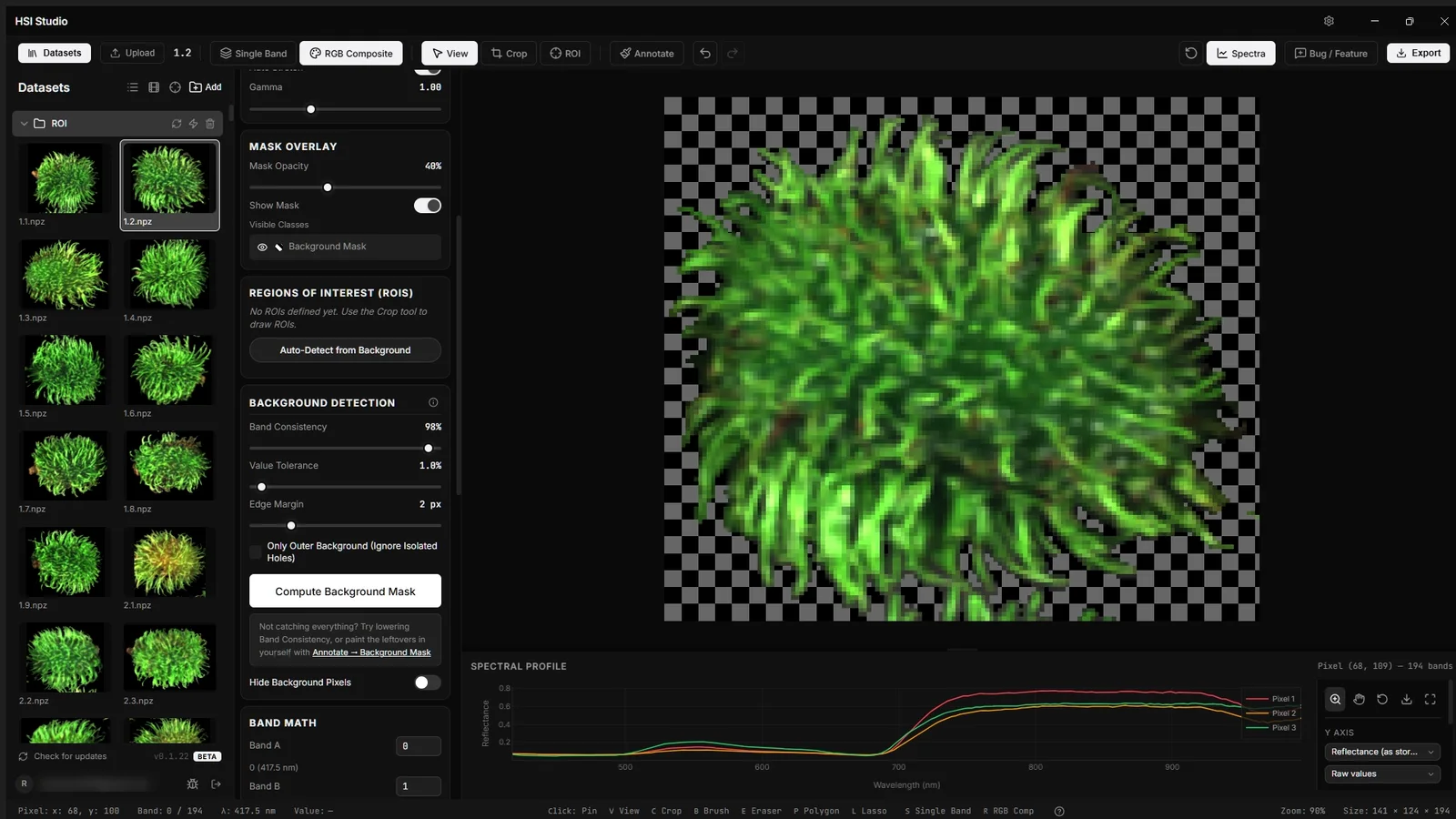 Background detection on a rambutan capture. The checkerboard is where the background was, leaving only the subject to be measured.