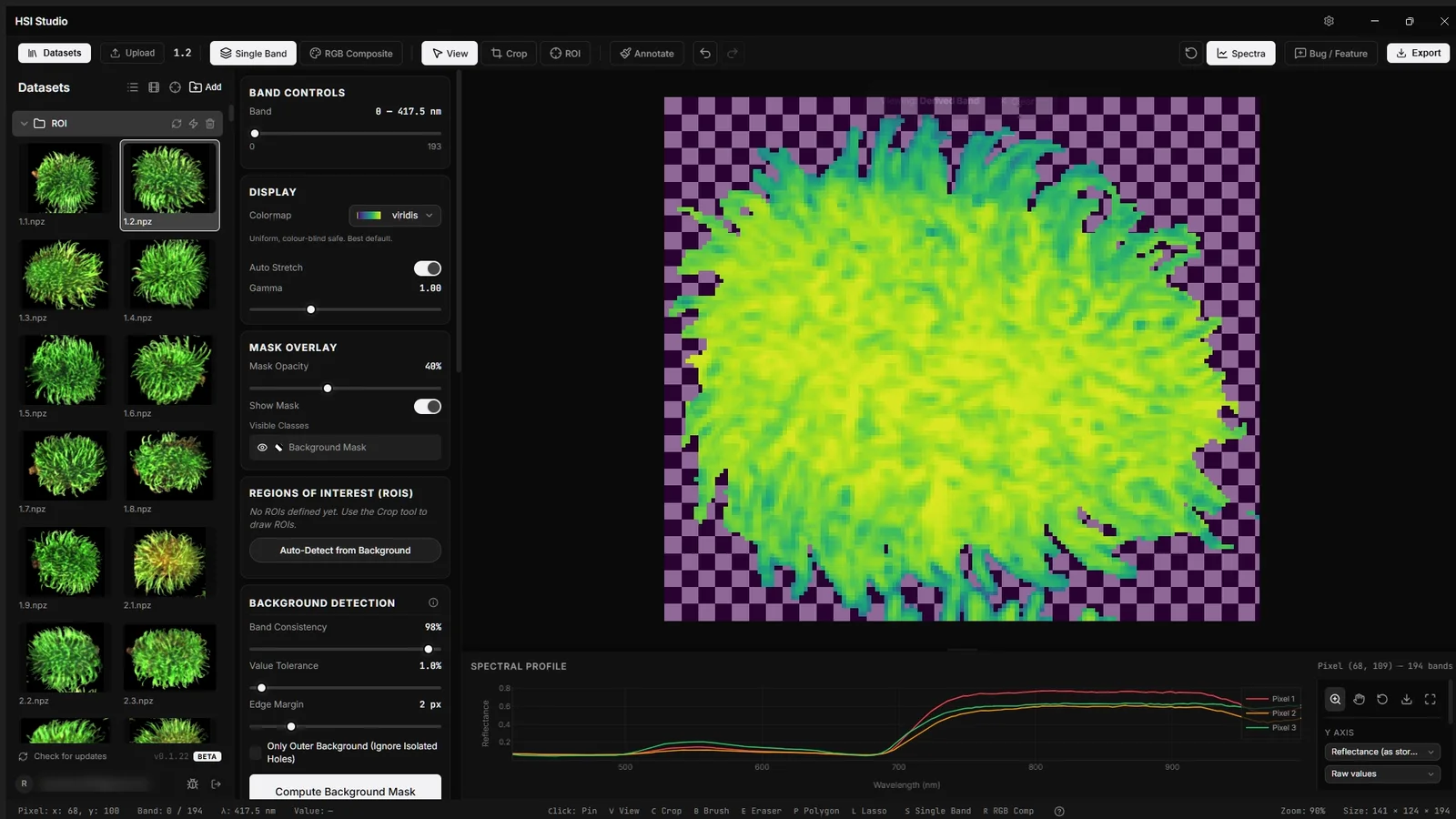 NDVI computed from a 799 nm and a 685 nm band of a rambutan capture, shown in viridis. The index is a new band like any other.