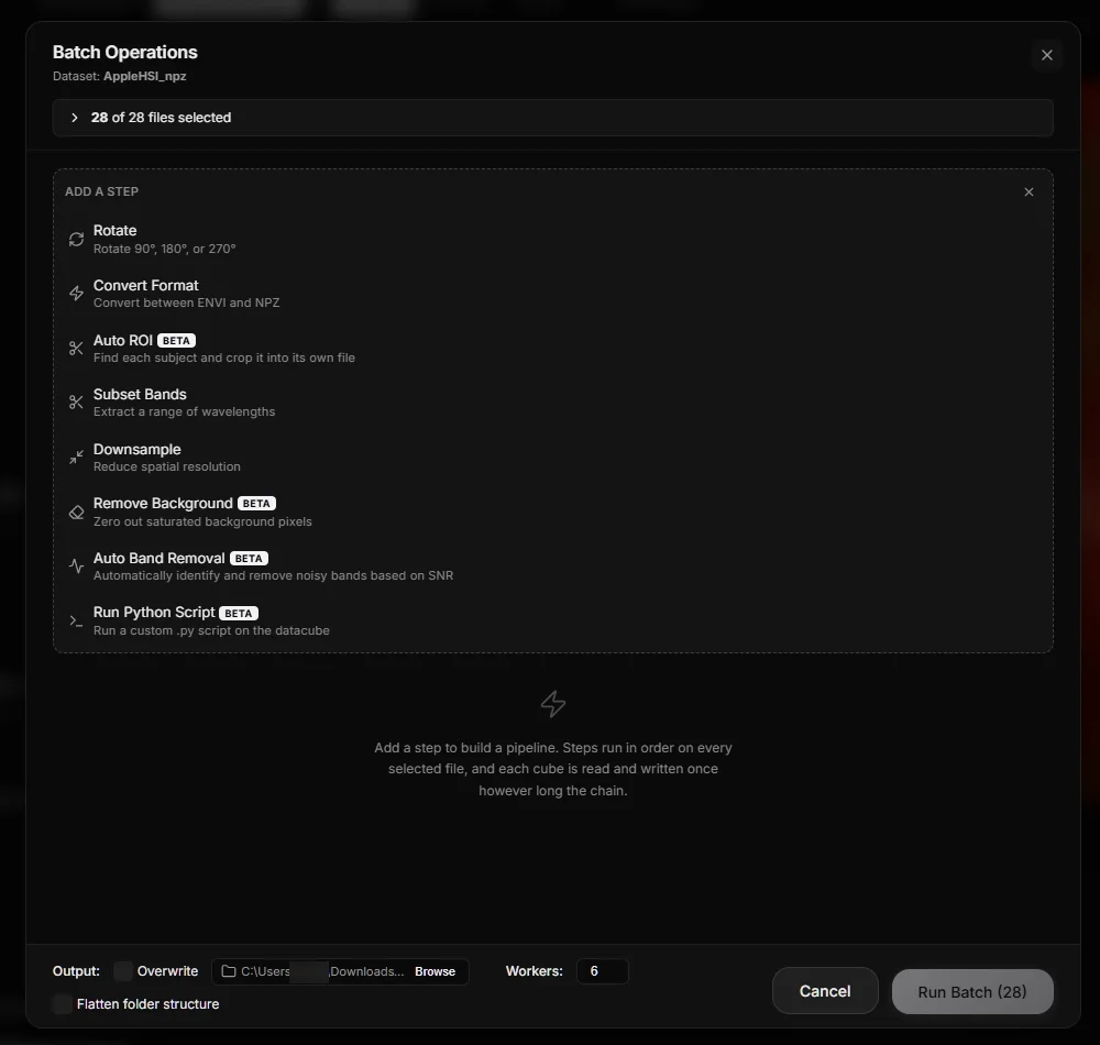 Building a batch pipeline. Every operation is listed with what it does, and steps run as a chain over each selected file.
