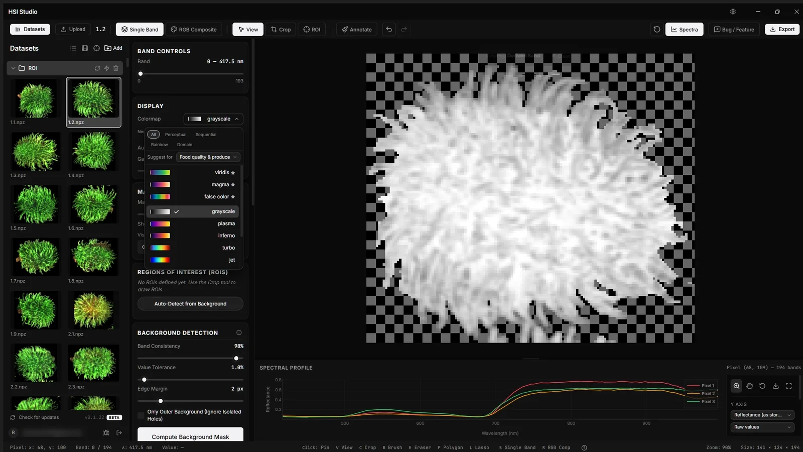 The colormap picker. Colormaps are grouped by type, and the ones suggested at the top follow the imaging domain set in Preferences.