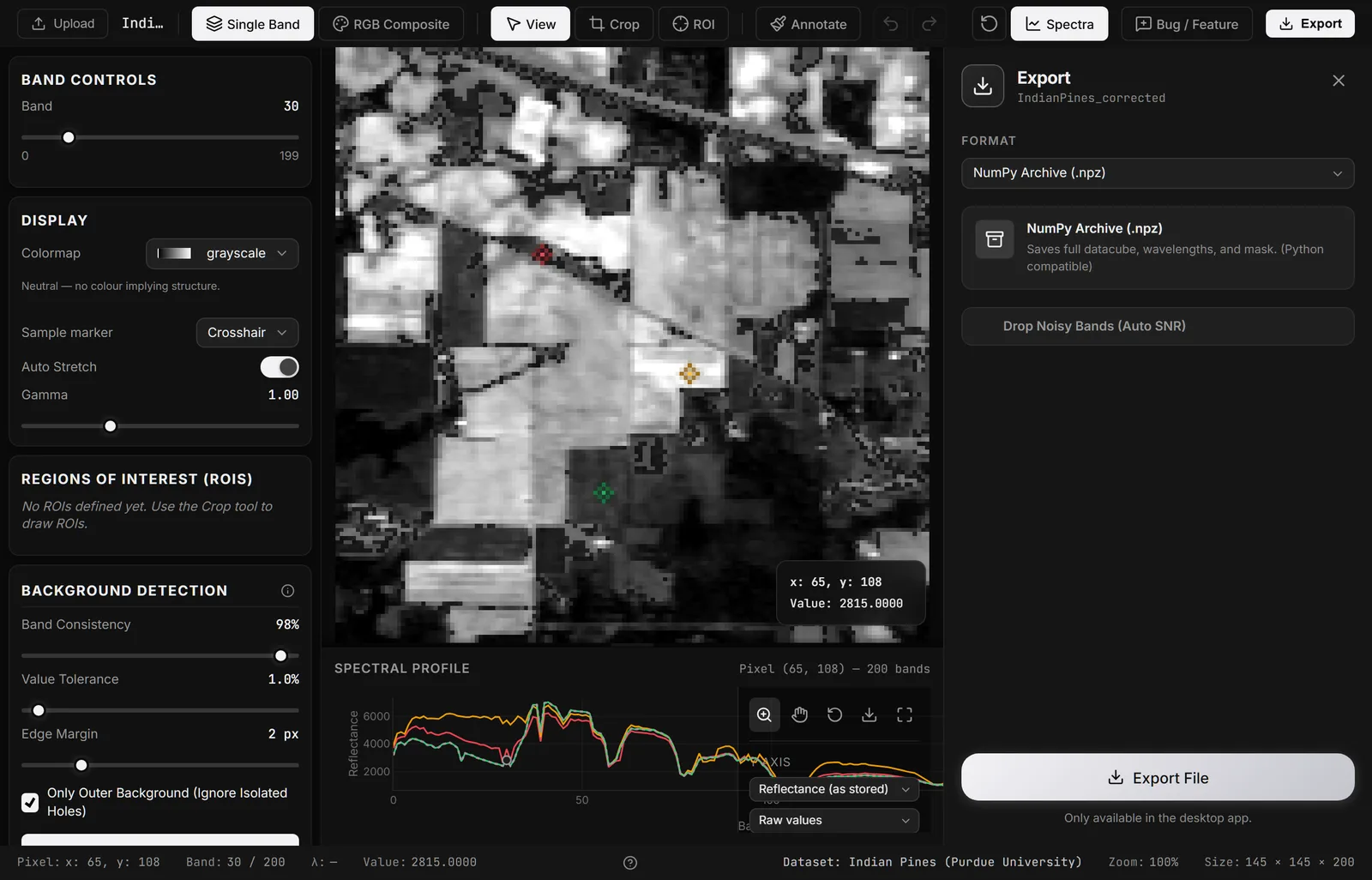 The export panel, grouped by what you are exporting: the project, the whole datacube, an image, or the annotation mask.