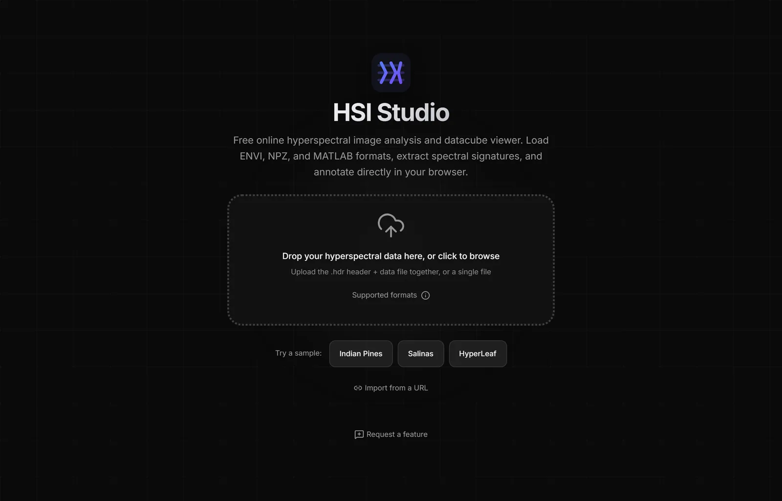 The landing page. Drop files anywhere on it, or open one of the bundled sample datasets to try the tool without your own data.