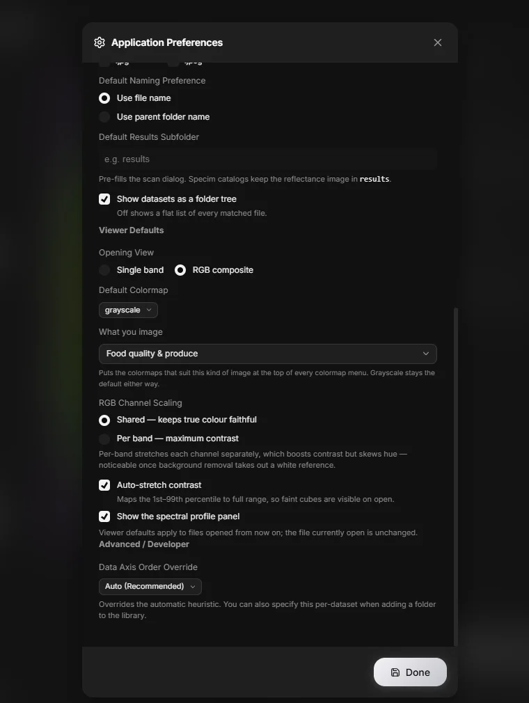 Viewer defaults. <em>What you image</em> tunes the colormap suggestions to your field rather than offering all twelve equally.