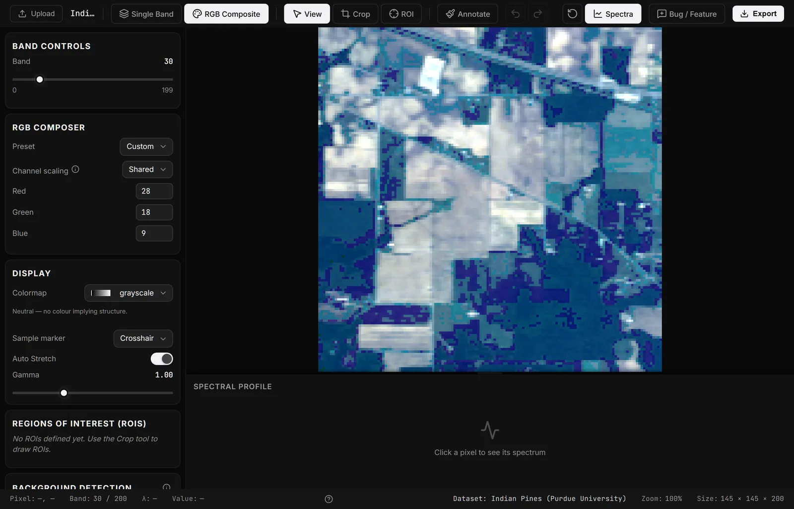 RGB composite mode, mapping three bands to the red, green and blue channels.