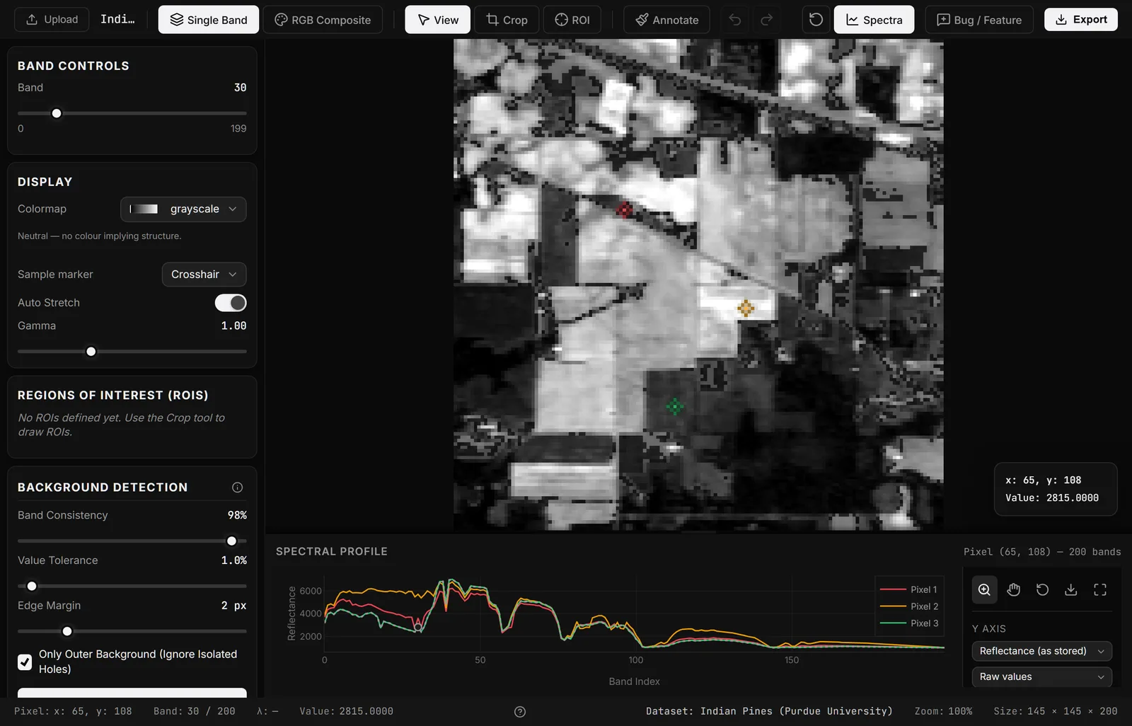 Three pinned spectra from different fields in the scene. The dip near band 100 is water absorption; the step around band 35 is the vegetation red edge.
